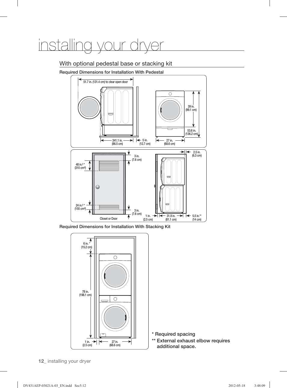Installing your dryer, With optional pedestal base or stacking kit | Samsung DV431AGP-XAA User Manual | Page 12 / 120