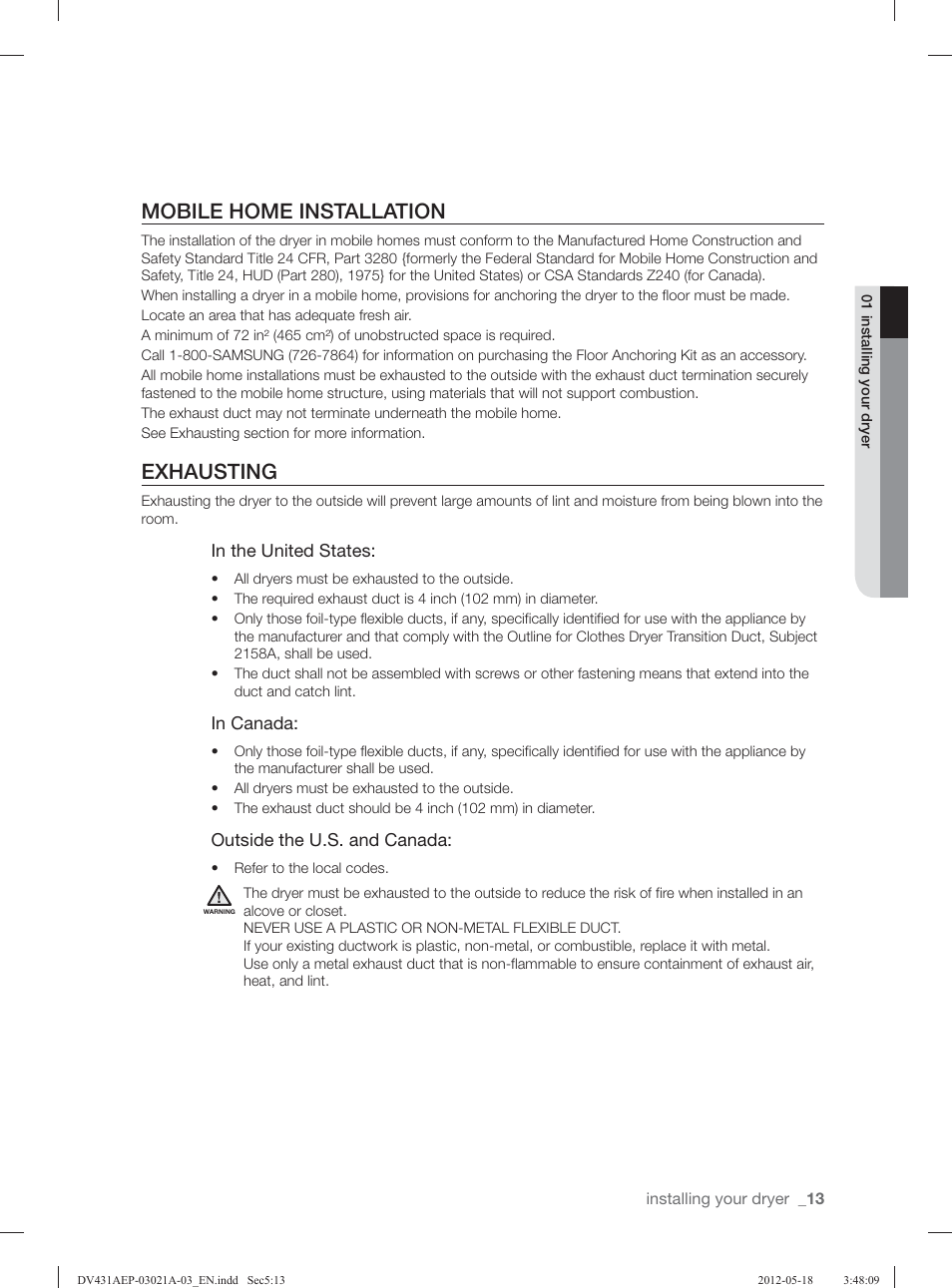 Mobile home installation, Exhausting | Samsung DV431AGP-XAA User Manual | Page 13 / 120