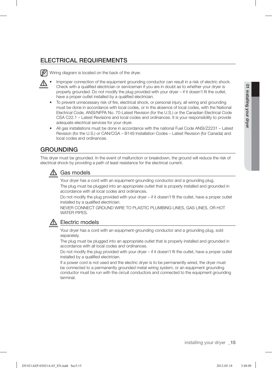 Electrical requirements, Grounding, Gas models | Electric models | Samsung DV431AGP-XAA User Manual | Page 15 / 120
