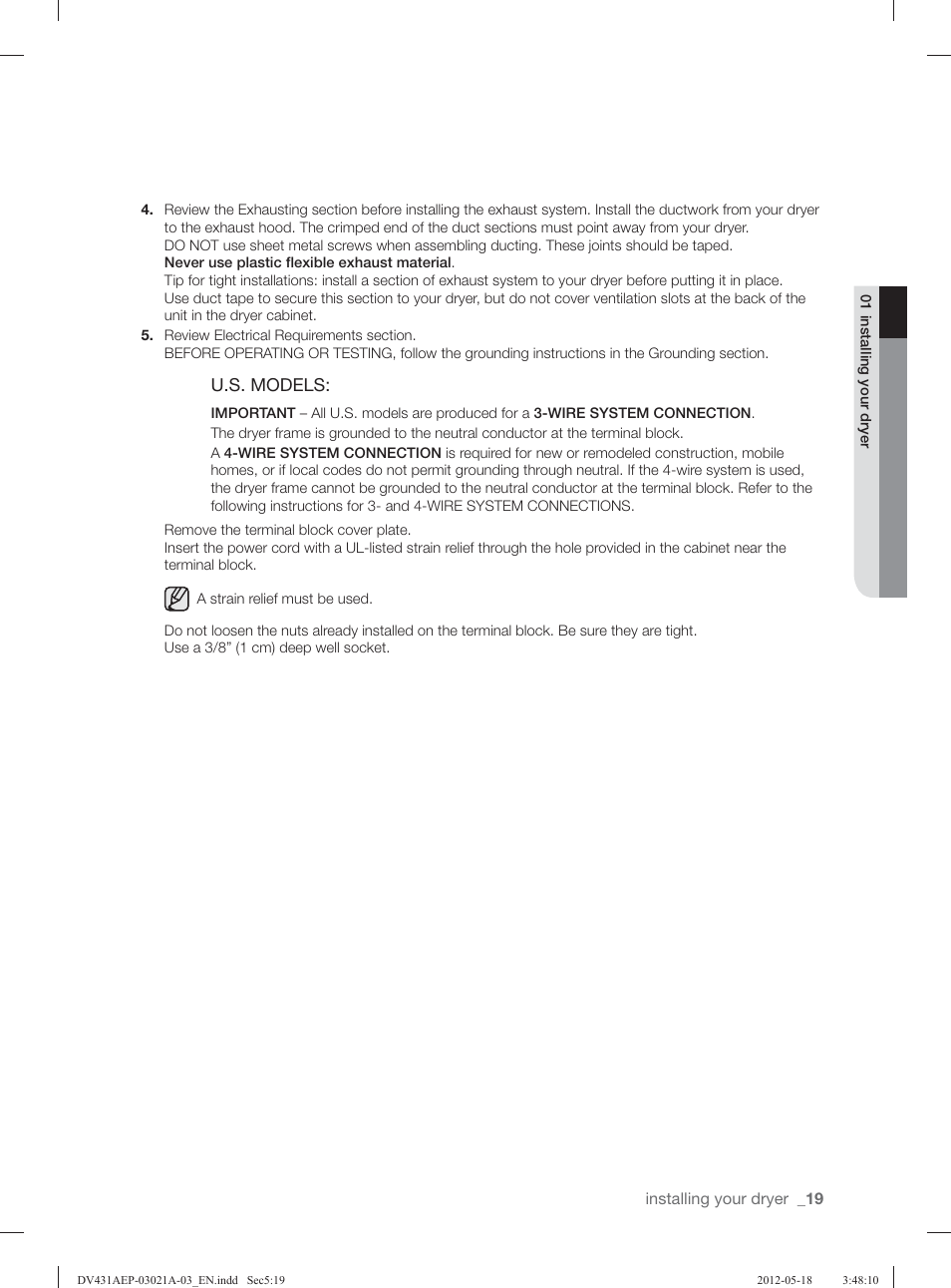 U.s. models | Samsung DV431AGP-XAA User Manual | Page 19 / 120