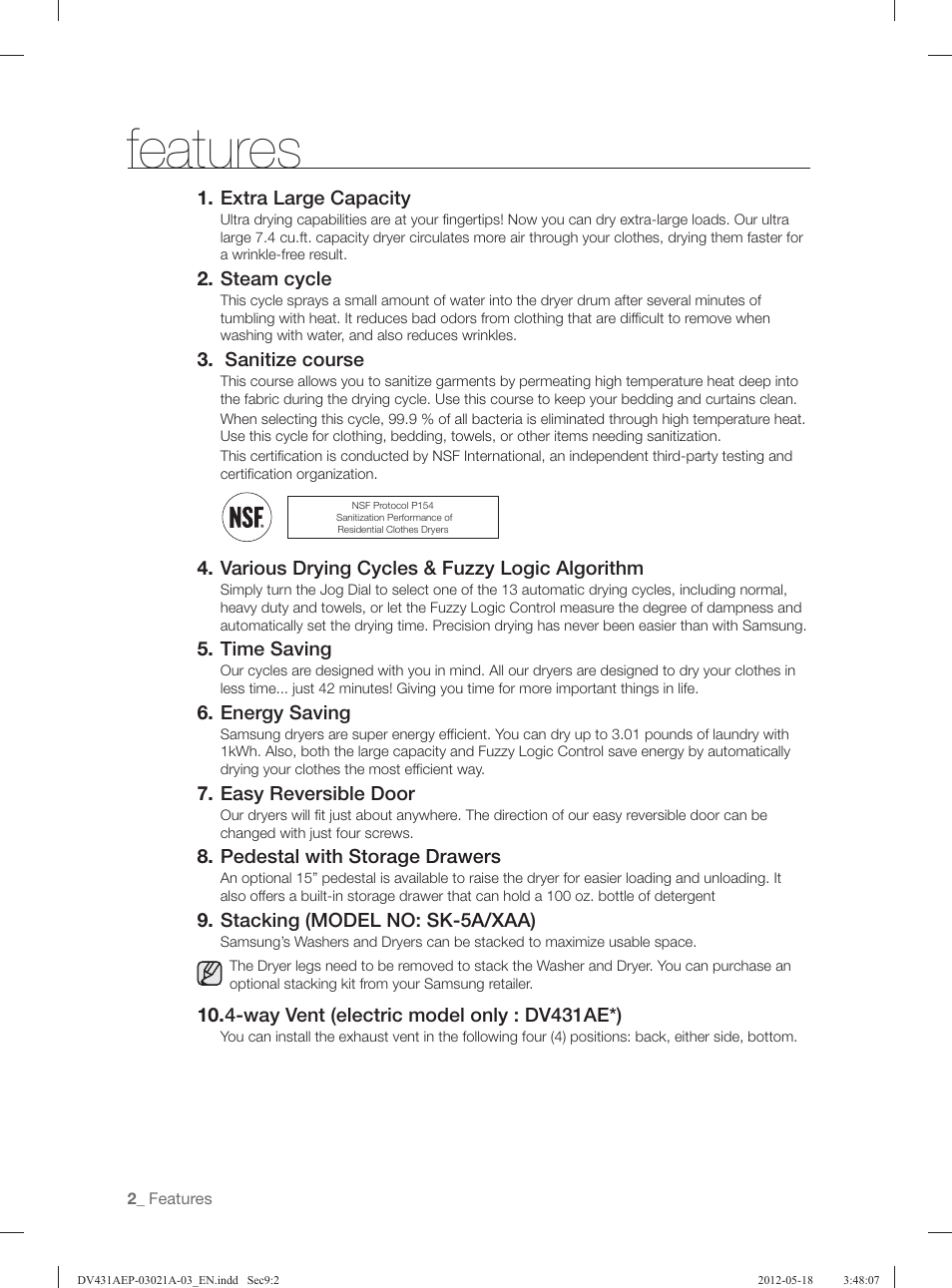 Features | Samsung DV431AGP-XAA User Manual | Page 2 / 120