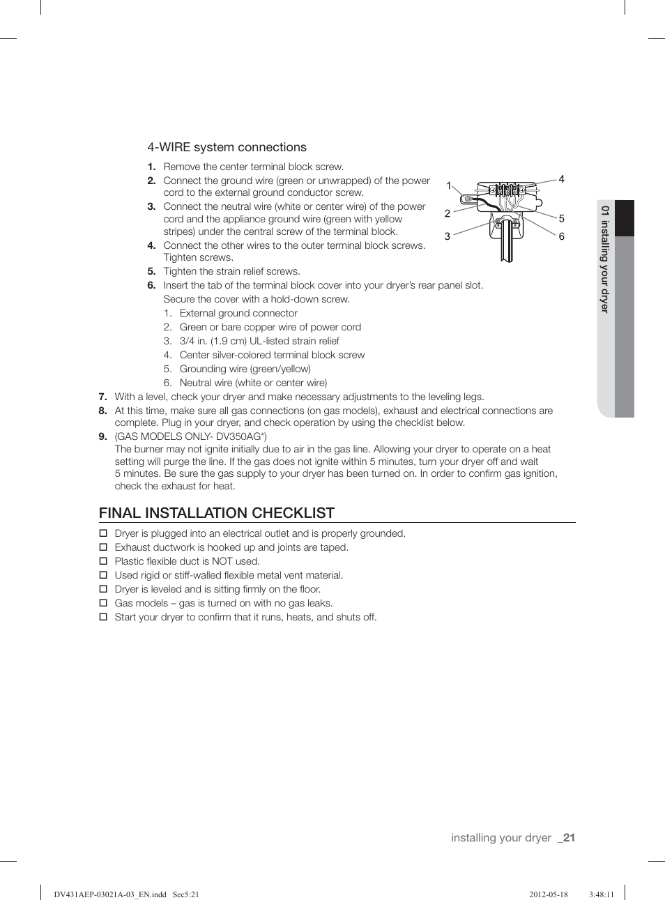 Final installation checklist | Samsung DV431AGP-XAA User Manual | Page 21 / 120
