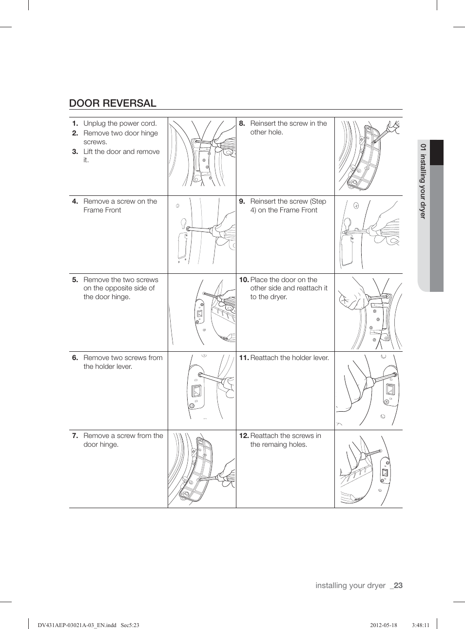 Door reversal | Samsung DV431AGP-XAA User Manual | Page 23 / 120