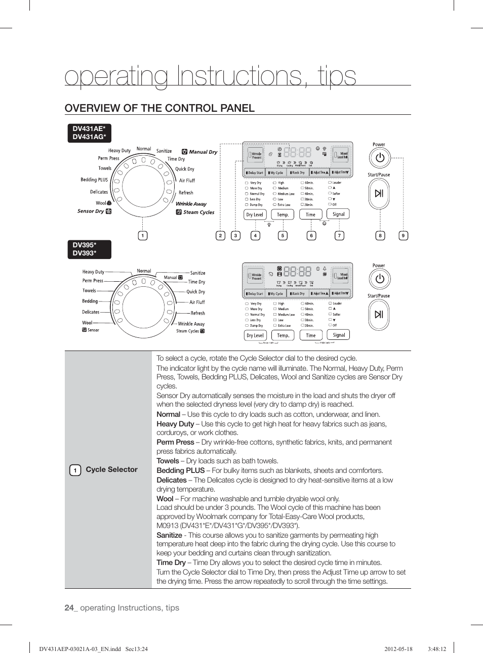Operating instructions, tips, Overview of the control panel | Samsung DV431AGP-XAA User Manual | Page 24 / 120