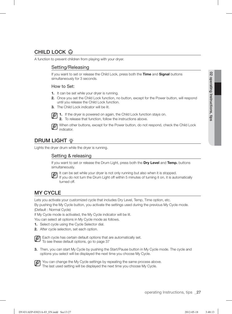 Child lock, Drum light, My cycle | Setting/releasing, Setting & releasing | Samsung DV431AGP-XAA User Manual | Page 27 / 120