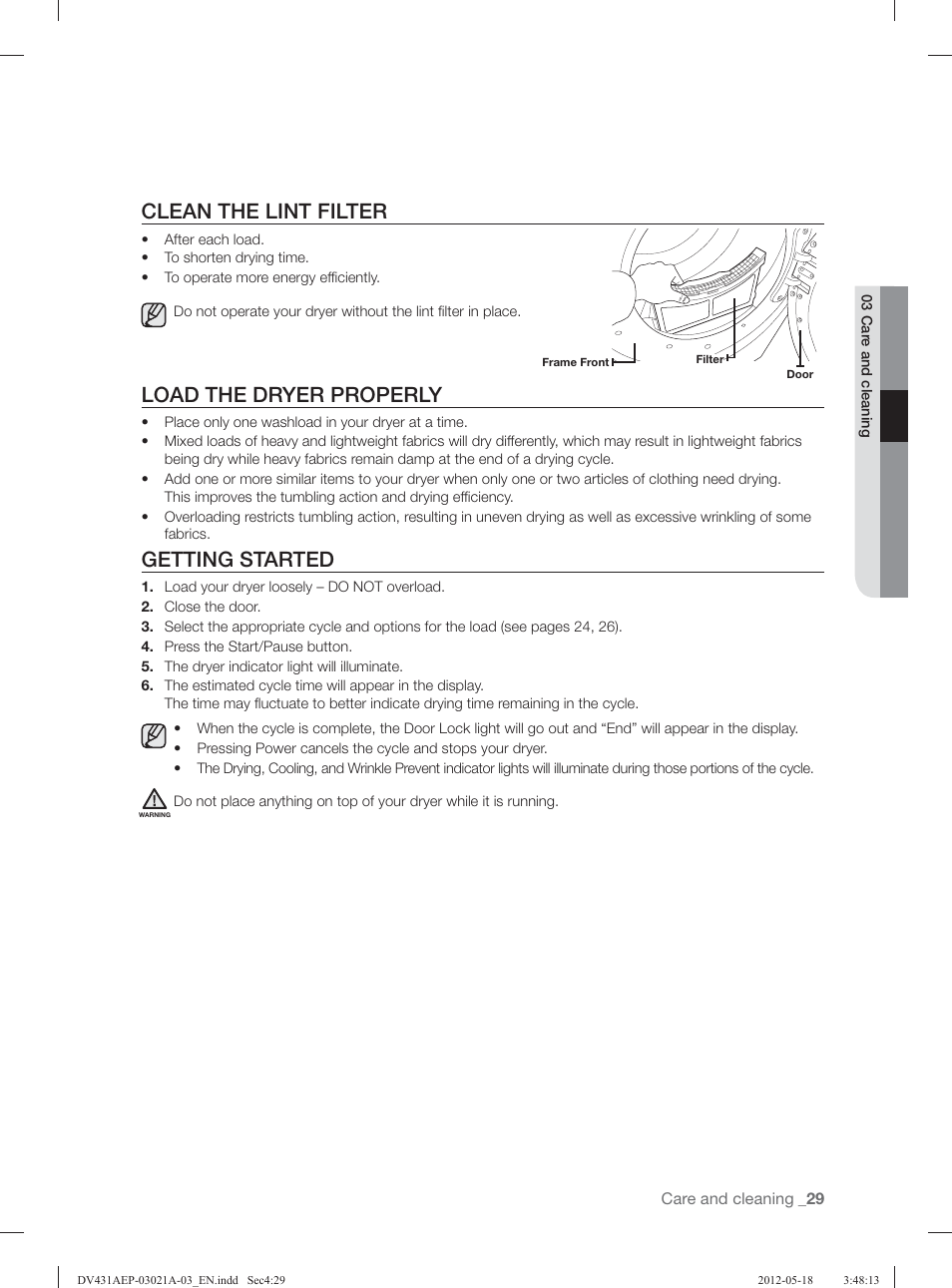 Clean the lint filter, Load the dryer properly, Getting started | Samsung DV431AGP-XAA User Manual | Page 29 / 120