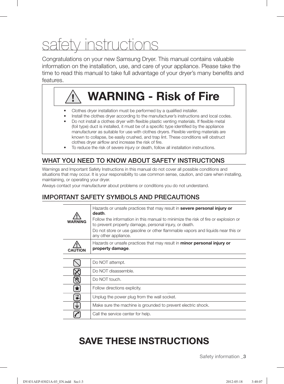 Safety instructions, Warning - risk of fire, Save these instructions | What you need to know about safety instructions, Important safety symbols and precautions | Samsung DV431AGP-XAA User Manual | Page 3 / 120