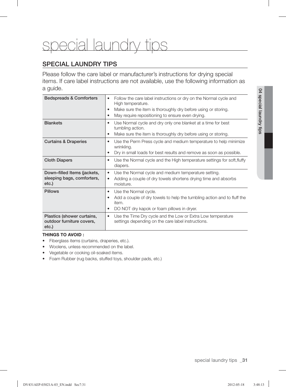 Special laundry tips | Samsung DV431AGP-XAA User Manual | Page 31 / 120