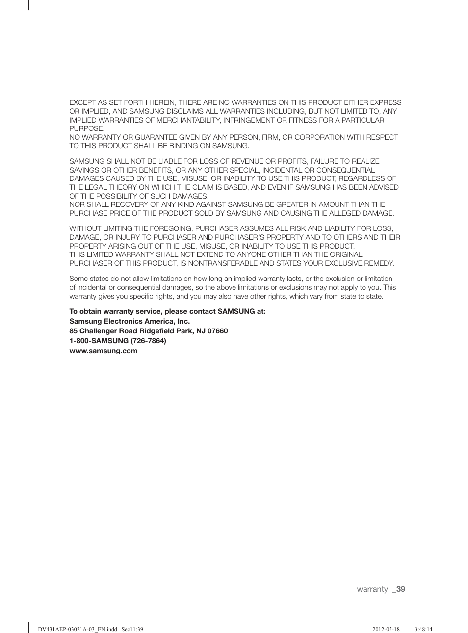 Samsung DV431AGP-XAA User Manual | Page 39 / 120