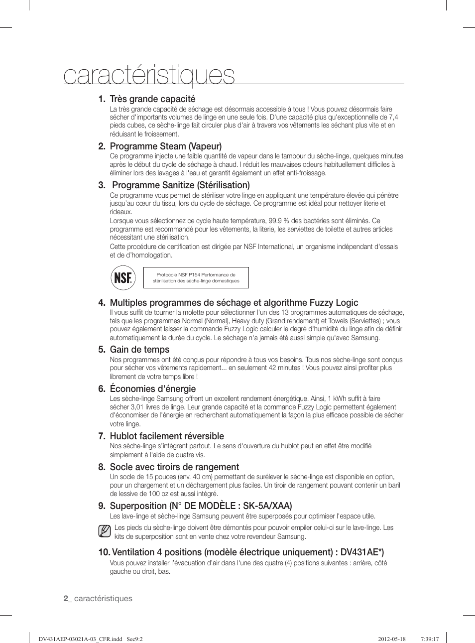 Caractéristiques | Samsung DV431AGP-XAA User Manual | Page 42 / 120