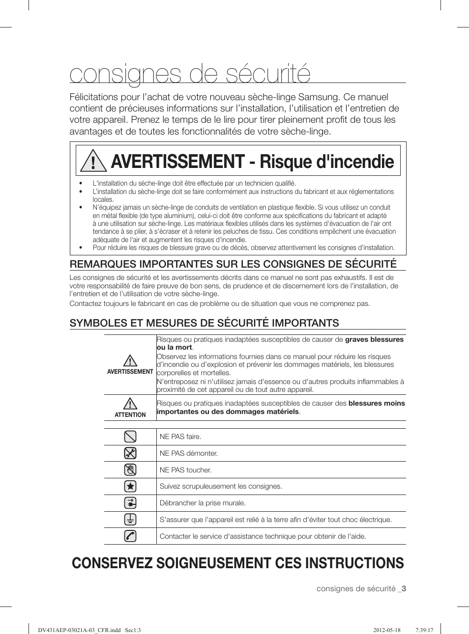 Consignes de sécurité, Avertissement - risque d'incendie, Conservez soigneusement ces instructions | Symboles et mesures de sécurité importants | Samsung DV431AGP-XAA User Manual | Page 43 / 120
