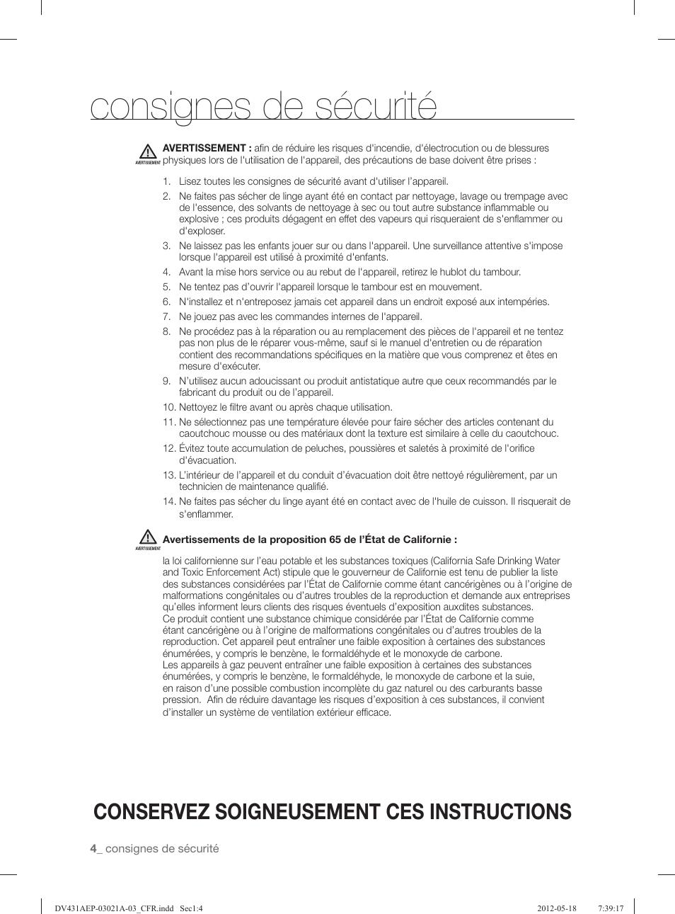 Consignes de sécurité, Conservez soigneusement ces instructions | Samsung DV431AGP-XAA User Manual | Page 44 / 120