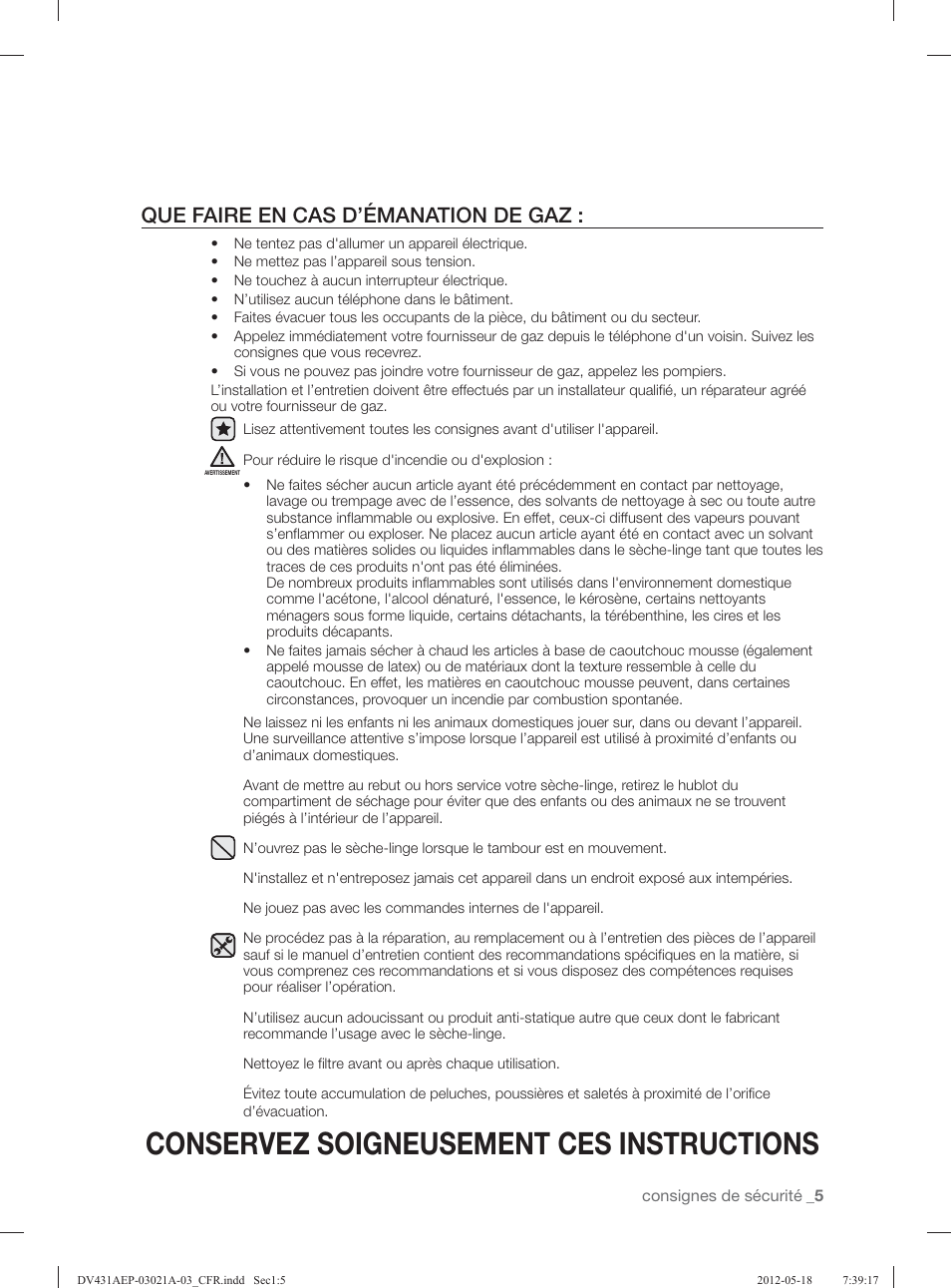 Conservez soigneusement ces instructions, Que faire en cas d’émanation de gaz | Samsung DV431AGP-XAA User Manual | Page 45 / 120