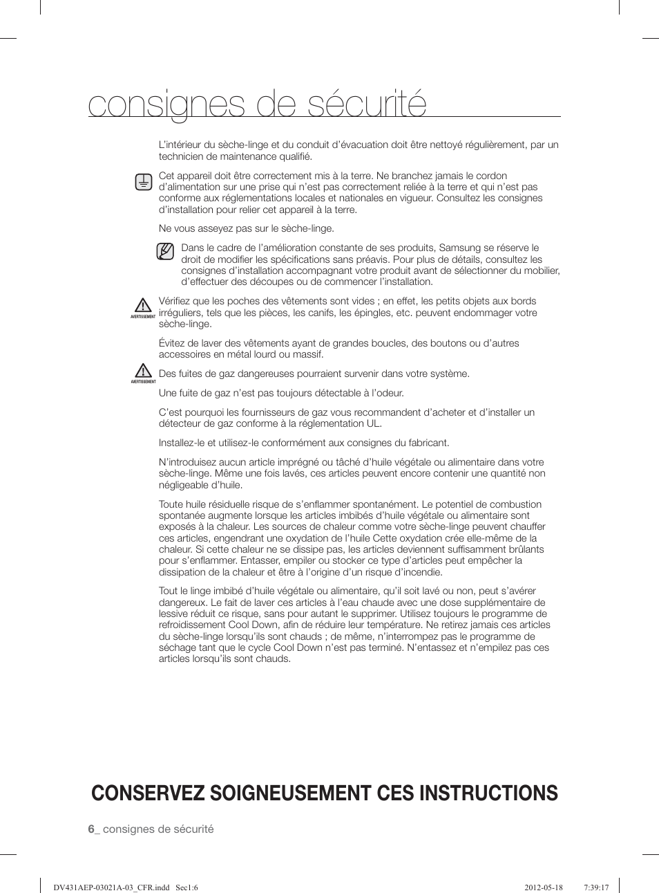 Consignes de sécurité, Conservez soigneusement ces instructions | Samsung DV431AGP-XAA User Manual | Page 46 / 120