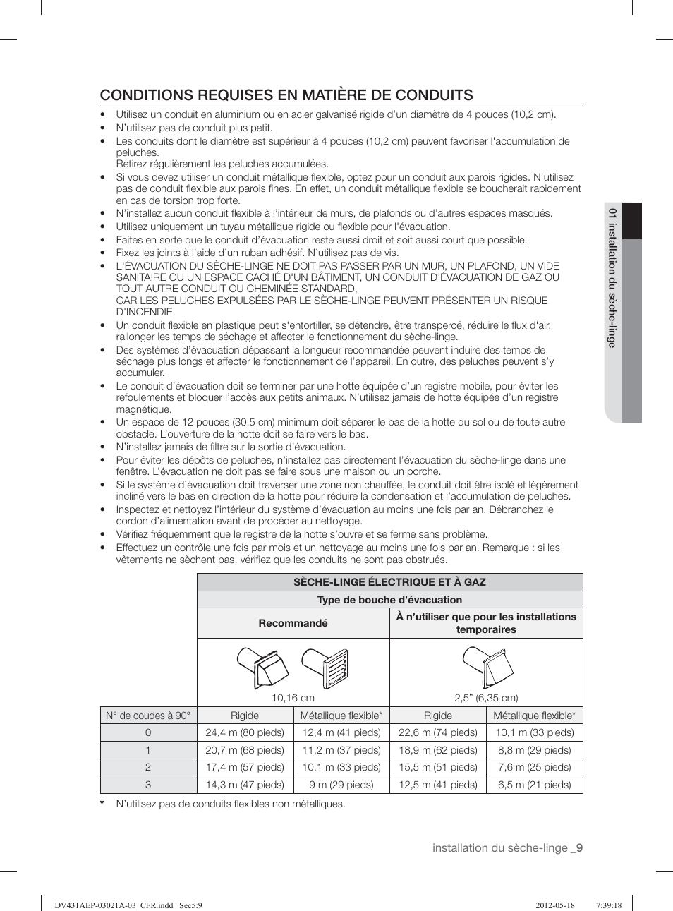 Conditions requises en matière de conduits | Samsung DV431AGP-XAA User Manual | Page 49 / 120