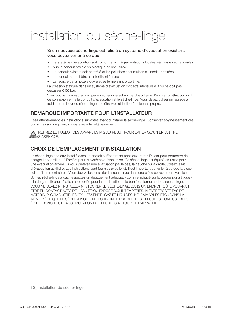 Installation du sèche-linge, Remarque importante pour l’installateur, Choix de l’emplacement d’installation | Samsung DV431AGP-XAA User Manual | Page 50 / 120