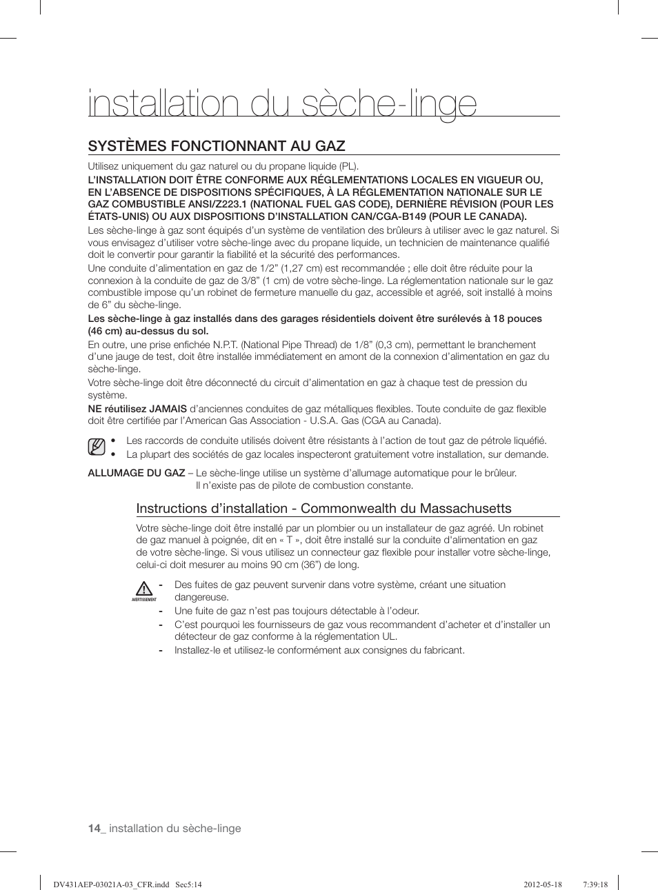 Installation du sèche-linge, Systèmes fonctionnant au gaz | Samsung DV431AGP-XAA User Manual | Page 54 / 120