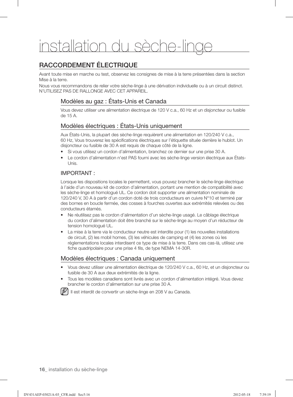 Installation du sèche-linge, Raccordement électrique | Samsung DV431AGP-XAA User Manual | Page 56 / 120