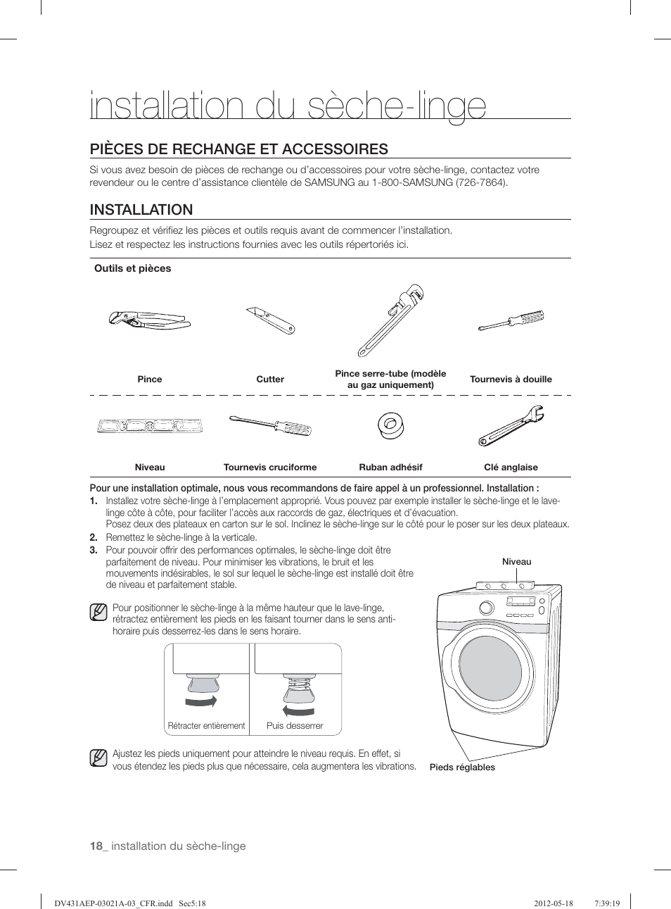 Installation du sèche-linge, Pièces de rechange et accessoires, Installation | Samsung DV431AGP-XAA User Manual | Page 58 / 120