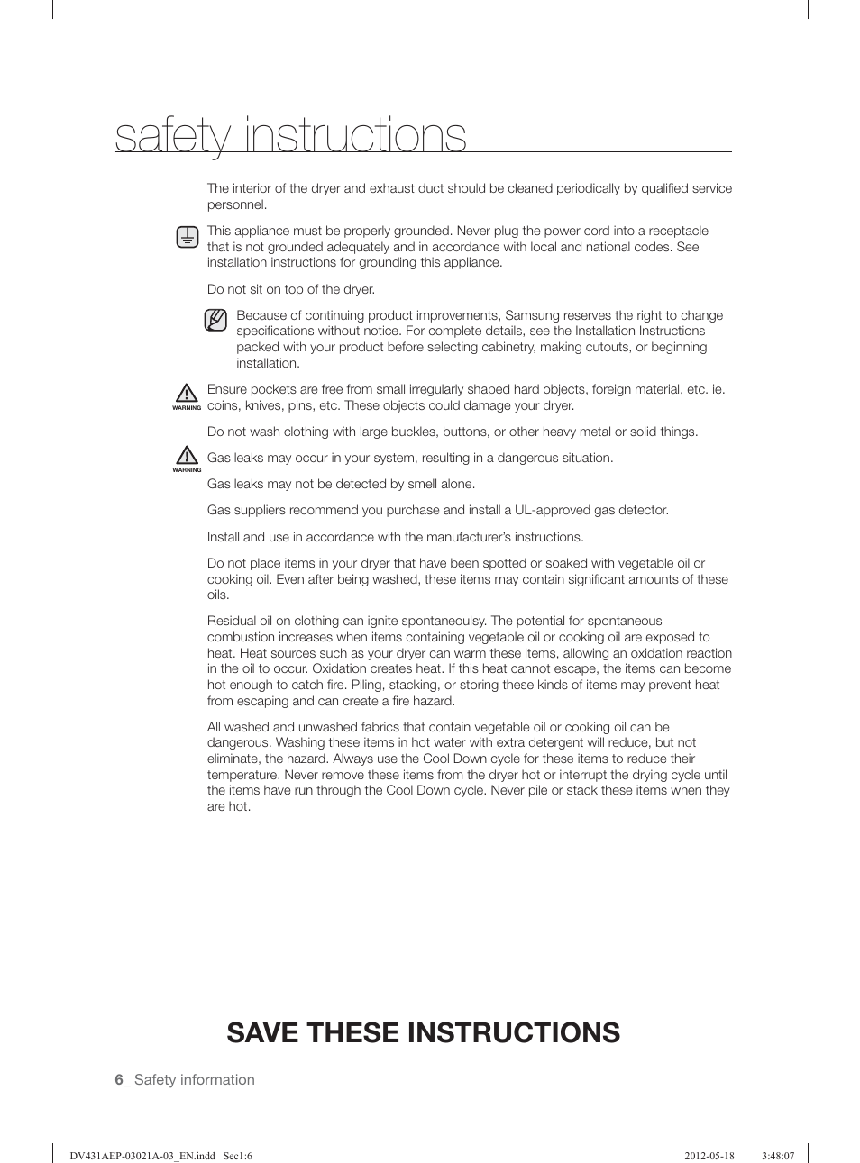Safety instructions, Save these instructions | Samsung DV431AGP-XAA User Manual | Page 6 / 120