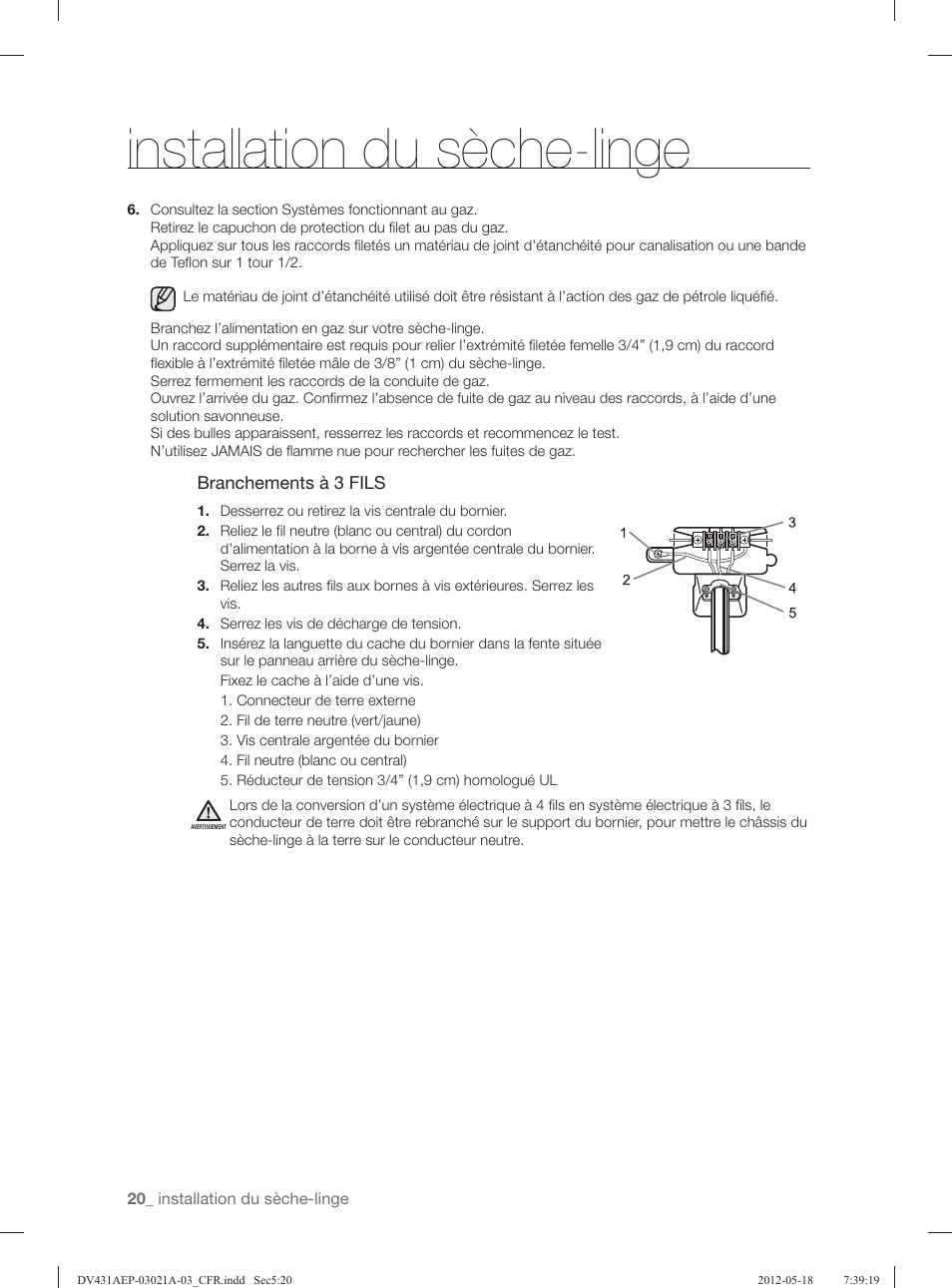 Installation du sèche-linge | Samsung DV431AGP-XAA User Manual | Page 60 / 120