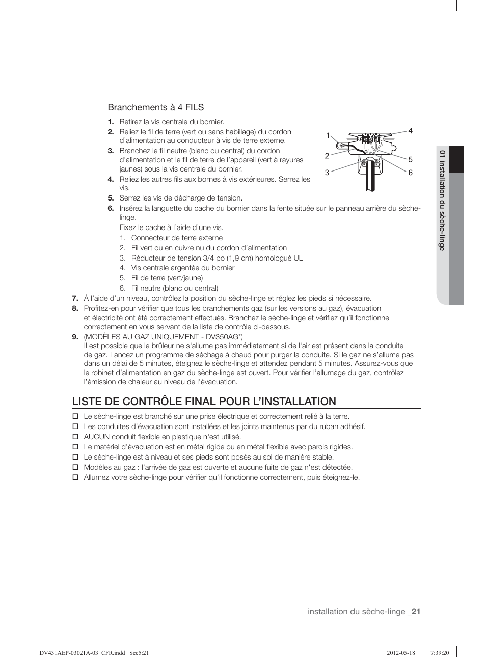 Liste de contrôle final pour l’installation | Samsung DV431AGP-XAA User Manual | Page 61 / 120