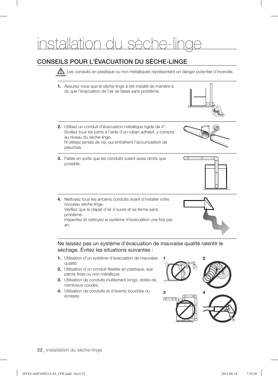 Installation du sèche-linge, Conseils pour l’évacuation du sèche-linge | Samsung DV431AGP-XAA User Manual | Page 62 / 120