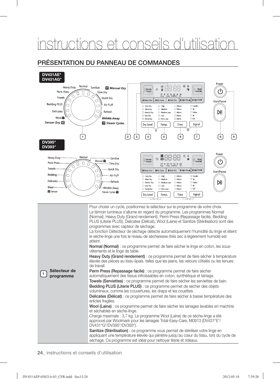 Instructions et conseils d’utilisation, Présentation du panneau de commandes | Samsung DV431AGP-XAA User Manual | Page 64 / 120