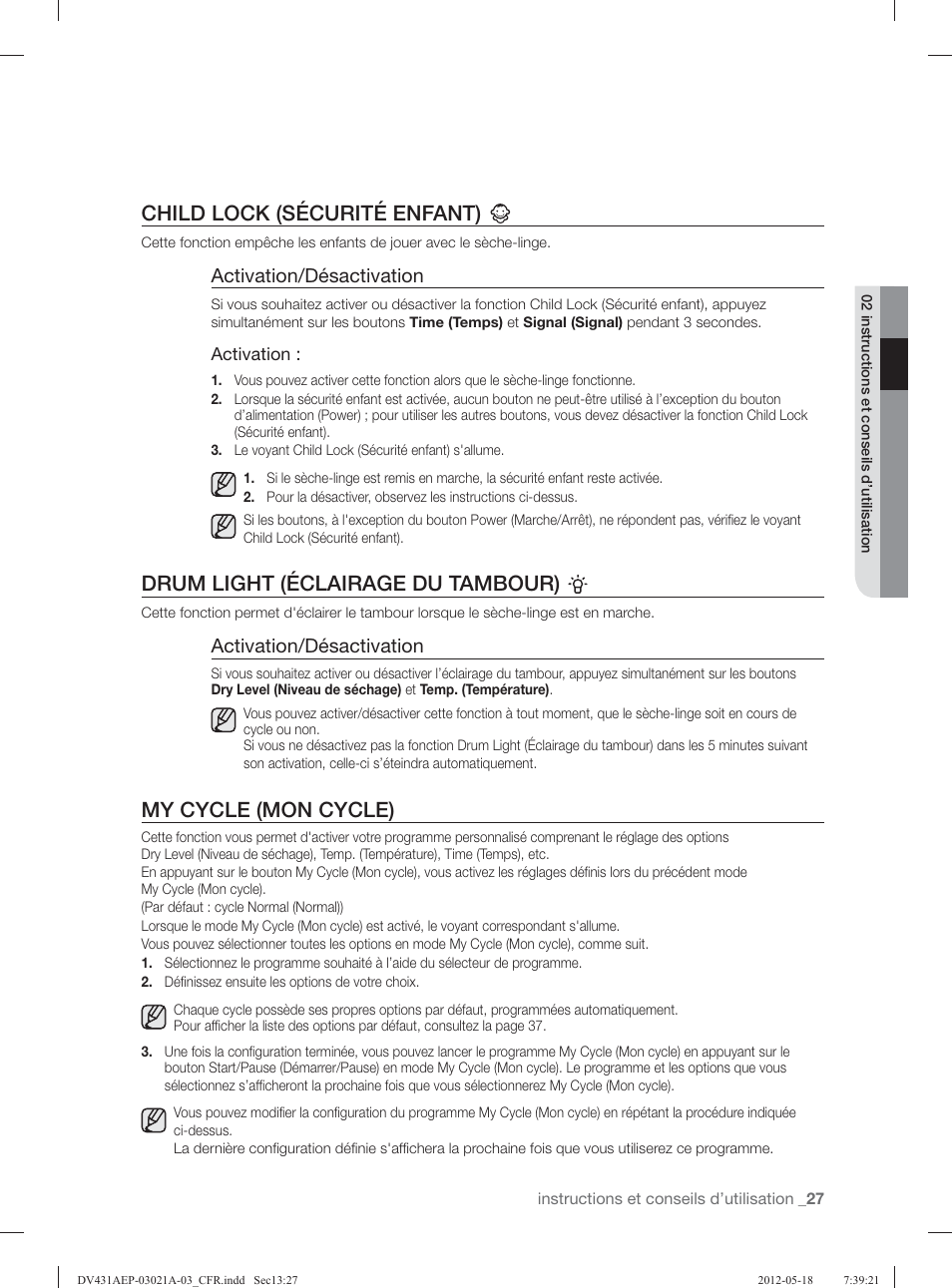Child lock (sécurité enfant), Drum light (éclairage du tambour), My cycle (mon cycle) | Activation/désactivation | Samsung DV431AGP-XAA User Manual | Page 67 / 120