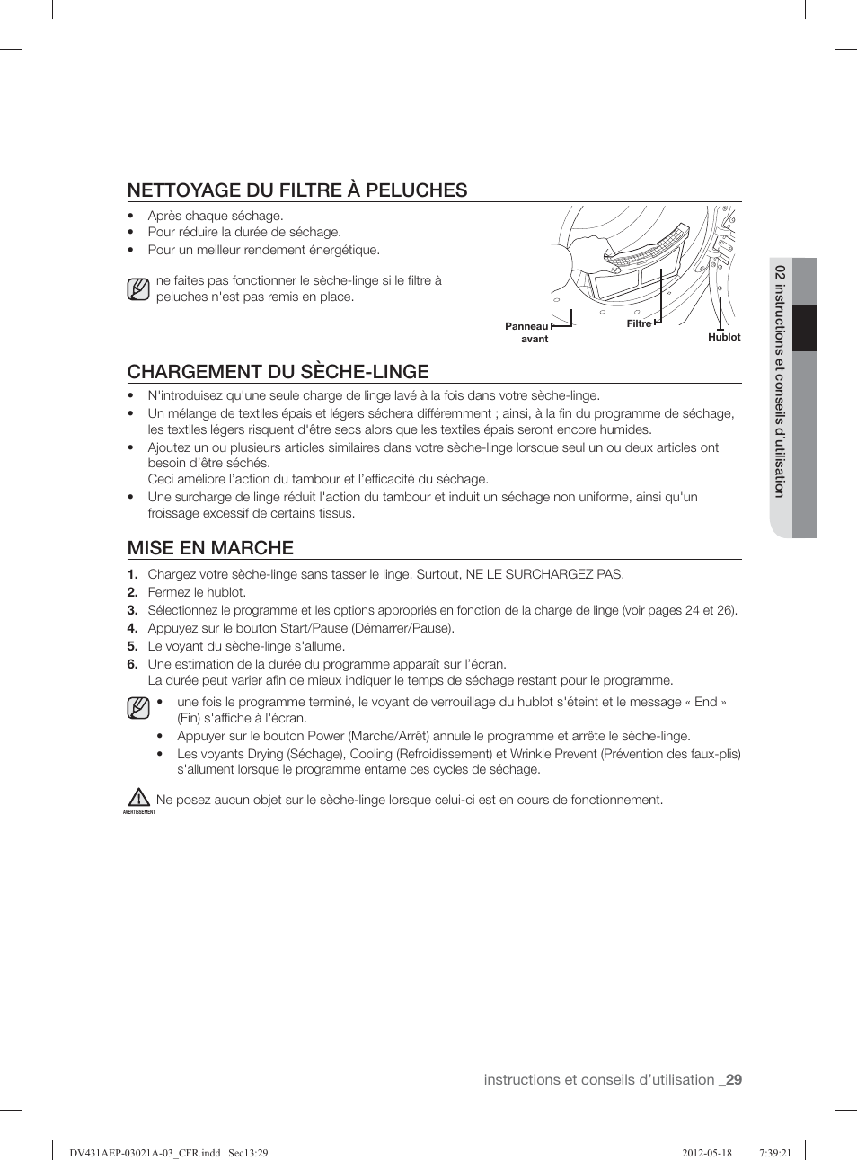 Nettoyage du filtre à peluches, Chargement du sèche-linge, Mise en marche | Samsung DV431AGP-XAA User Manual | Page 69 / 120