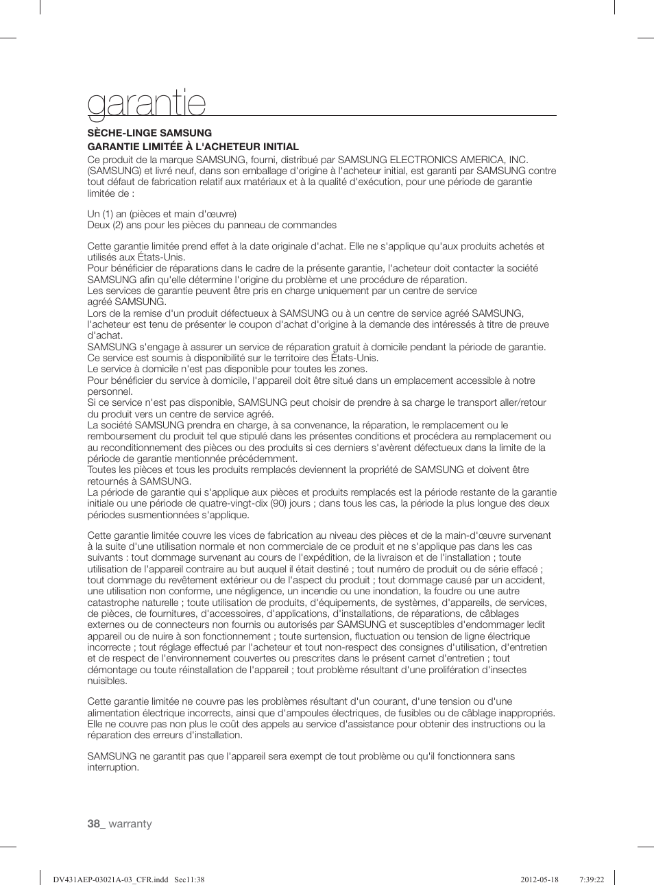 Garantie | Samsung DV431AGP-XAA User Manual | Page 78 / 120