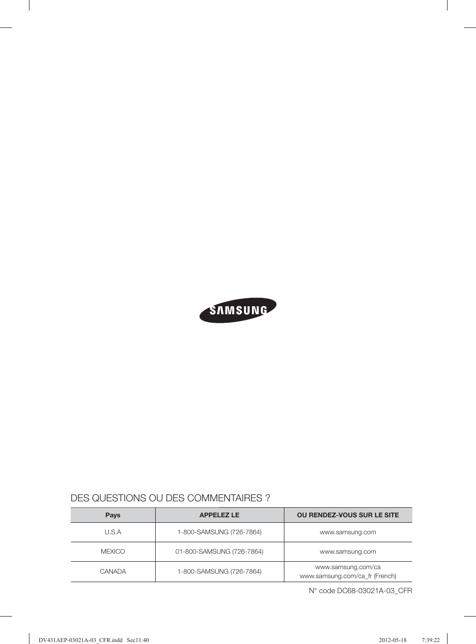 Des questions ou des commentaires | Samsung DV431AGP-XAA User Manual | Page 80 / 120