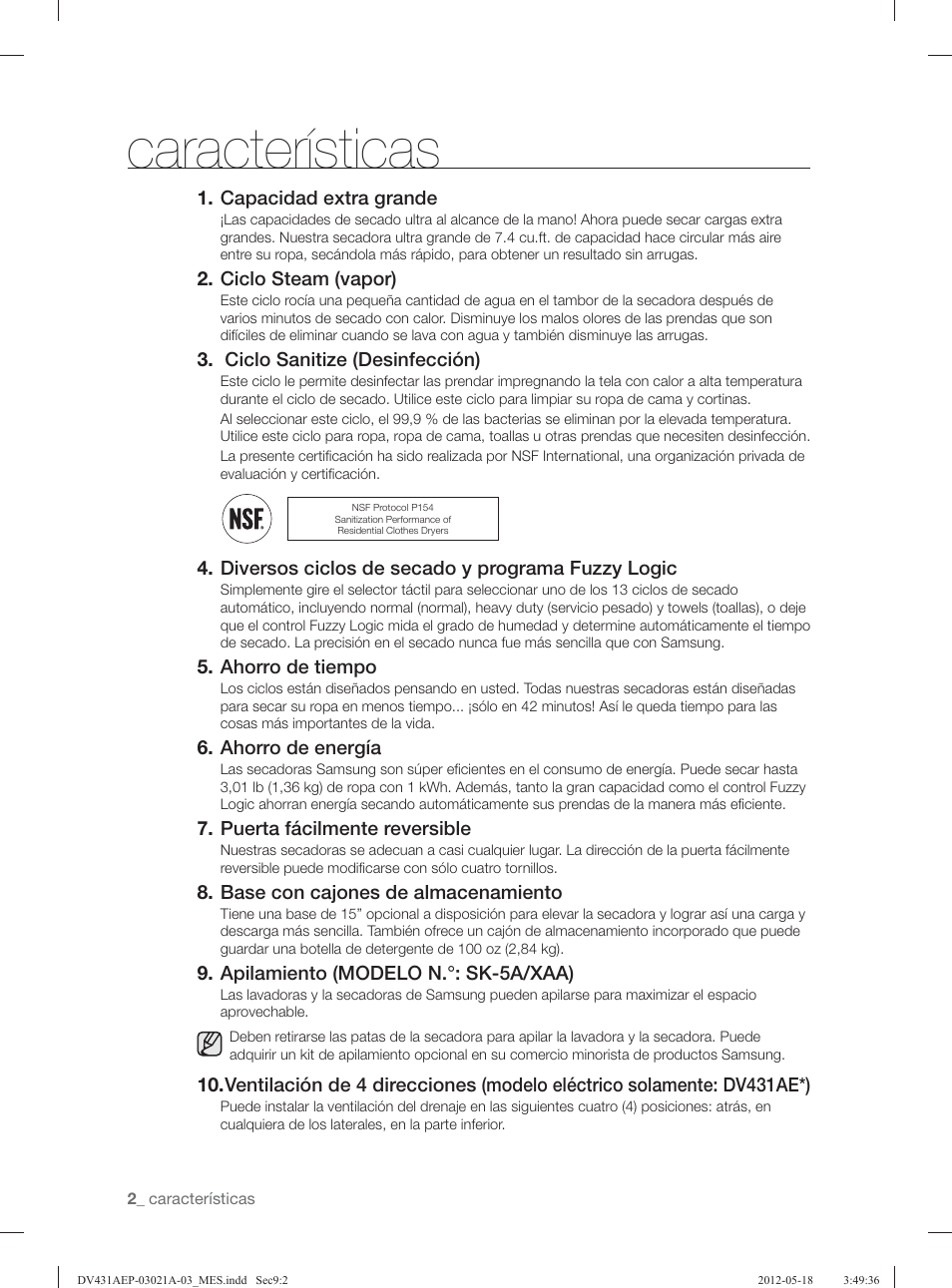 Características | Samsung DV431AGP-XAA User Manual | Page 82 / 120
