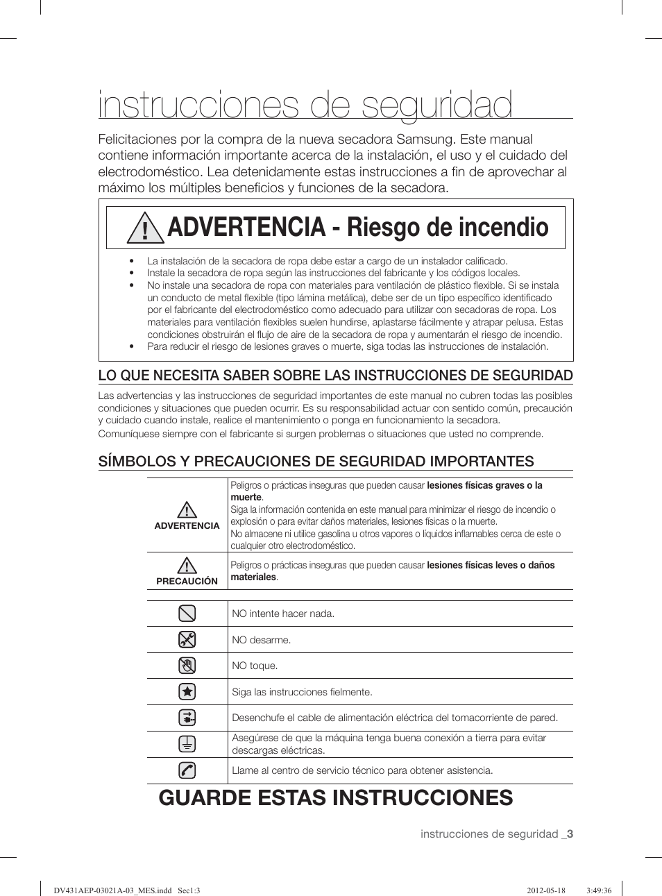 Instrucciones de seguridad, Advertencia - riesgo de incendio, Guarde estas instrucciones | Símbolos y precauciones de seguridad importantes | Samsung DV431AGP-XAA User Manual | Page 83 / 120