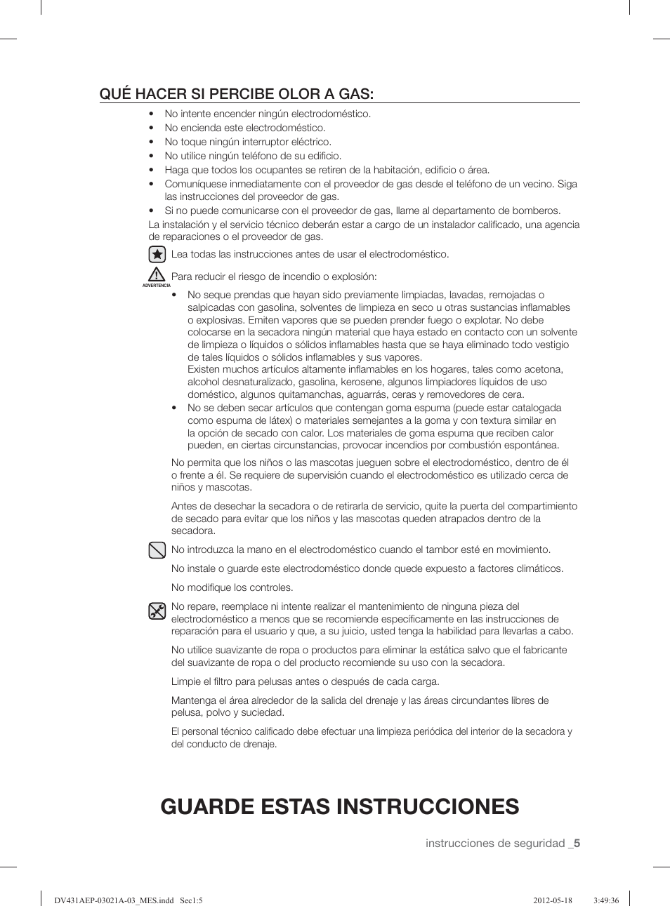 Guarde estas instrucciones, Qué hacer si percibe olor a gas | Samsung DV431AGP-XAA User Manual | Page 85 / 120