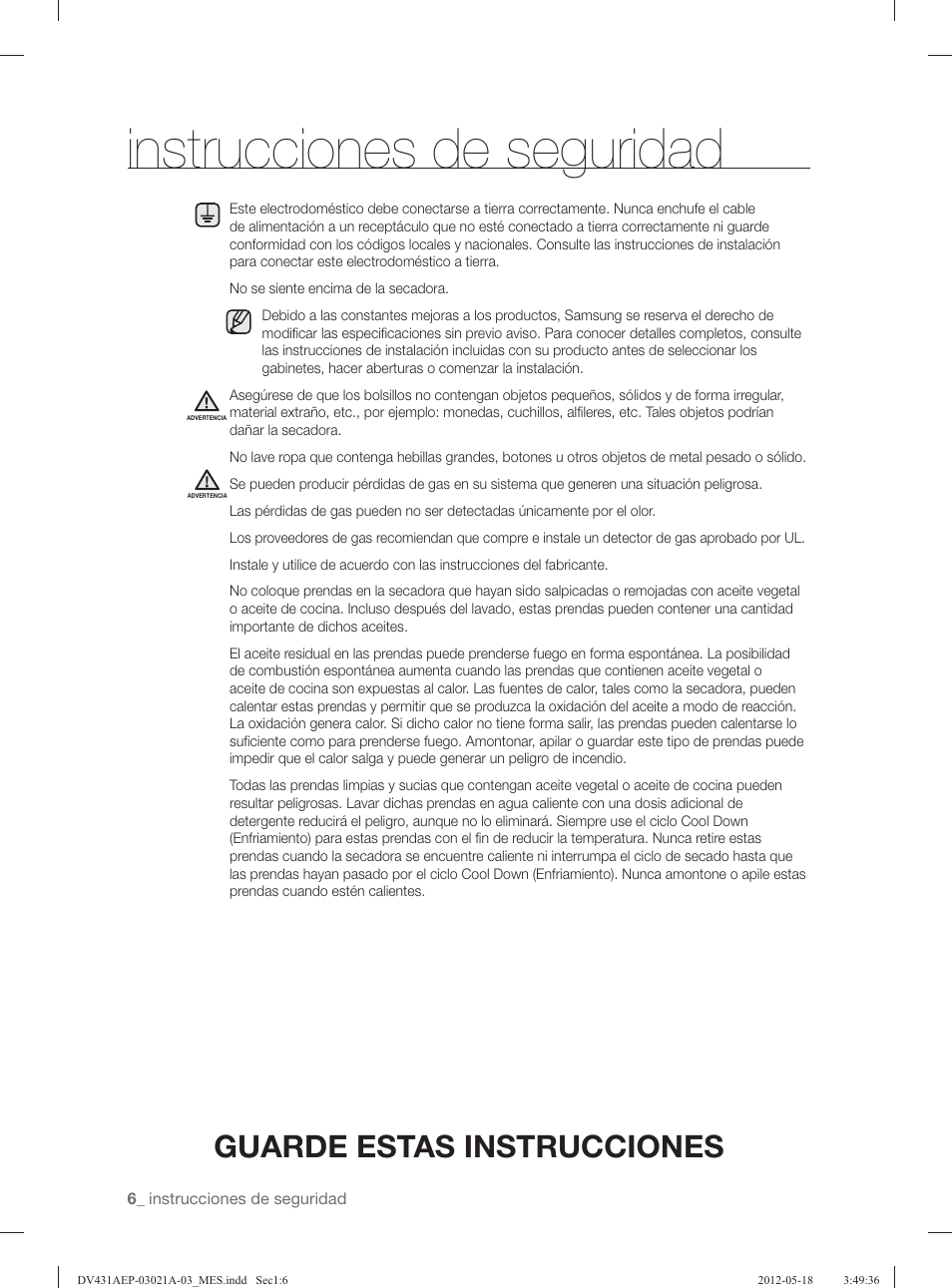 Instrucciones de seguridad, Guarde estas instrucciones | Samsung DV431AGP-XAA User Manual | Page 86 / 120