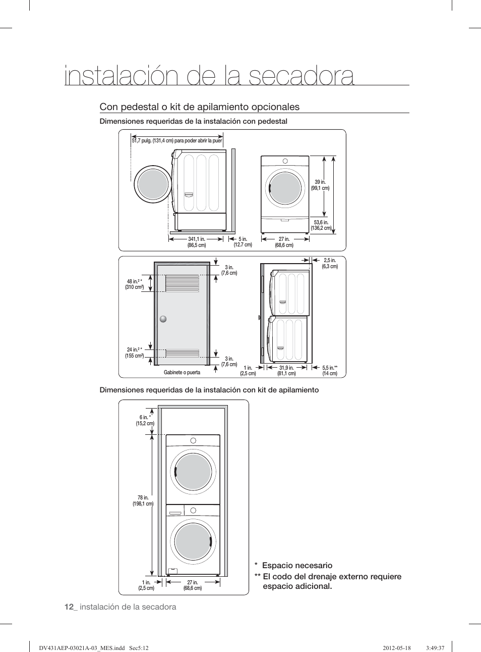 Instalación de la secadora, Con pedestal o kit de apilamiento opcionales | Samsung DV431AGP-XAA User Manual | Page 92 / 120