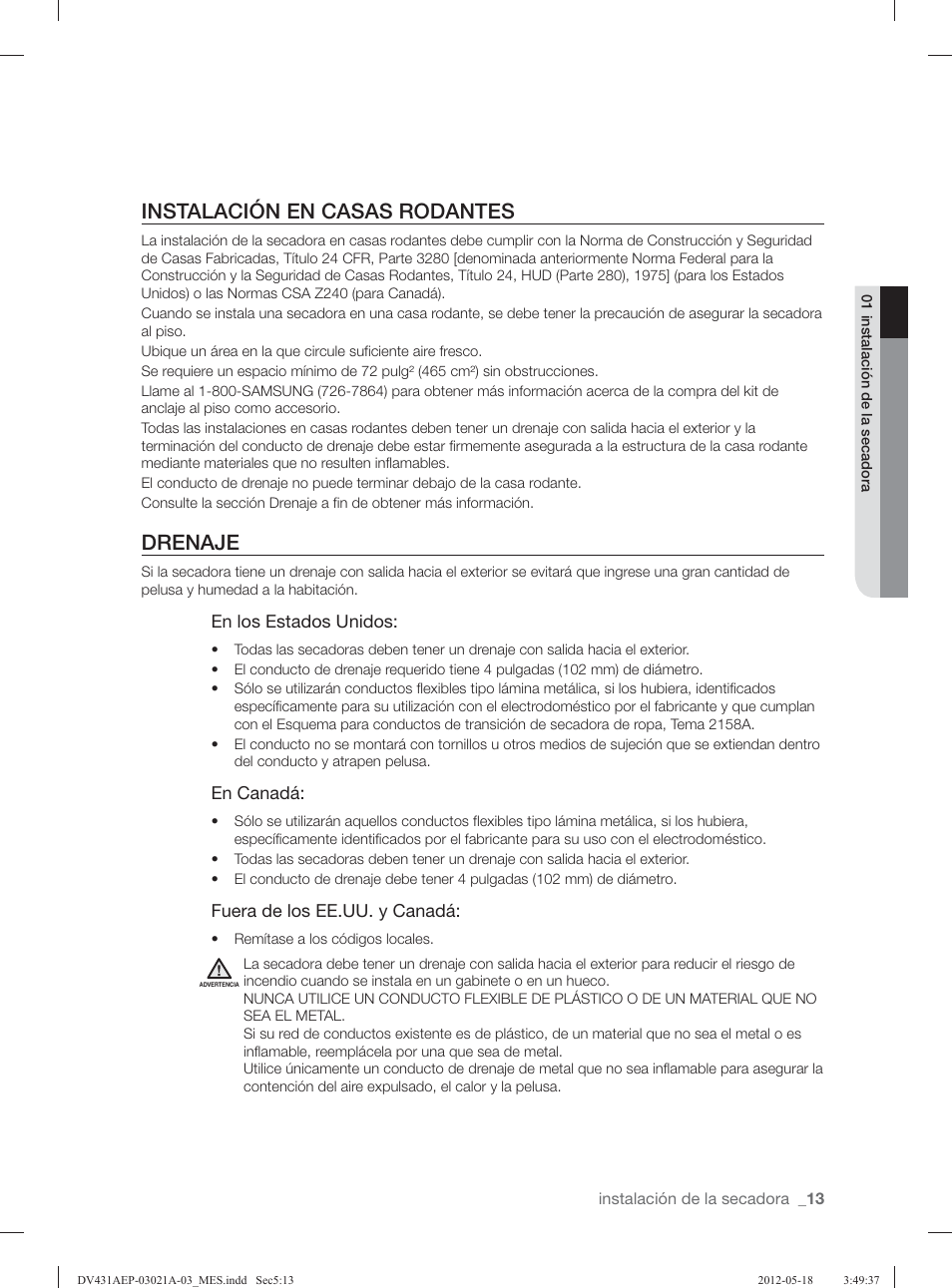 Instalación en casas rodantes, Drenaje | Samsung DV431AGP-XAA User Manual | Page 93 / 120