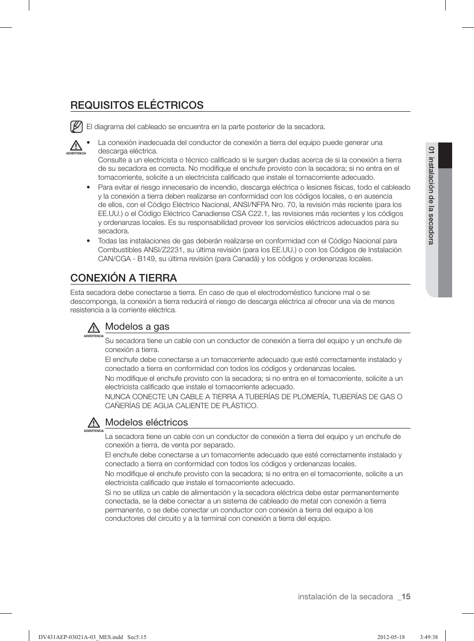 Requisitos eléctricos, Conexión a tierra, Modelos a gas | Modelos eléctricos | Samsung DV431AGP-XAA User Manual | Page 95 / 120