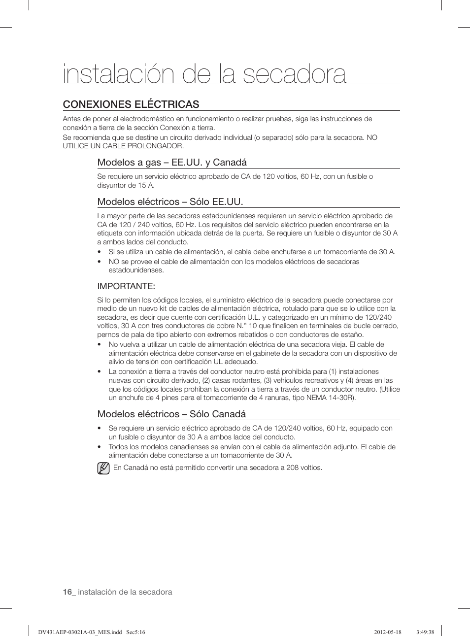 Instalación de la secadora, Conexiones eléctricas | Samsung DV431AGP-XAA User Manual | Page 96 / 120