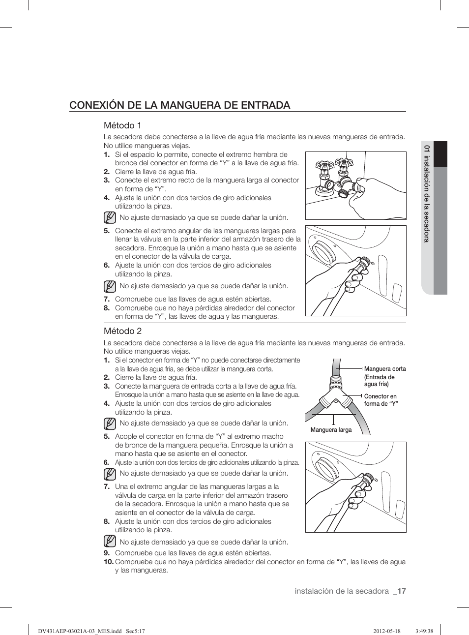 Conexión de la manguera de entrada | Samsung DV431AGP-XAA User Manual | Page 97 / 120