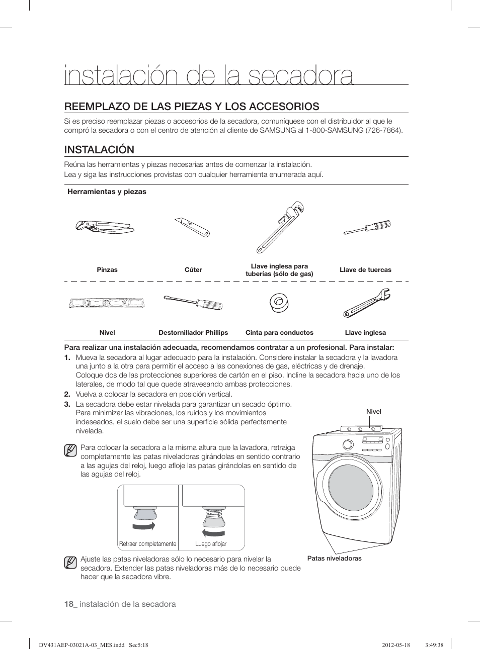 Instalación de la secadora, Reemplazo de las piezas y los accesorios, Instalación | Samsung DV431AGP-XAA User Manual | Page 98 / 120