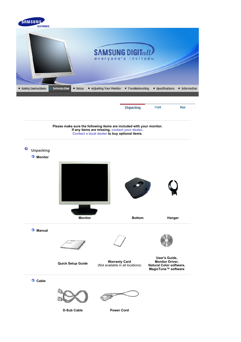 Introduction, Unpacking | Samsung LS19GSESBY-XAA User Manual | Page 9 / 54