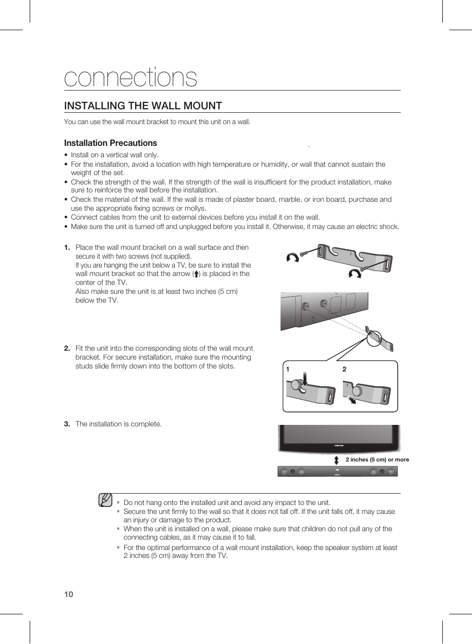 Connections, Installing the wall mount | Samsung HW-E450C-ZA User Manual | Page 10 / 26