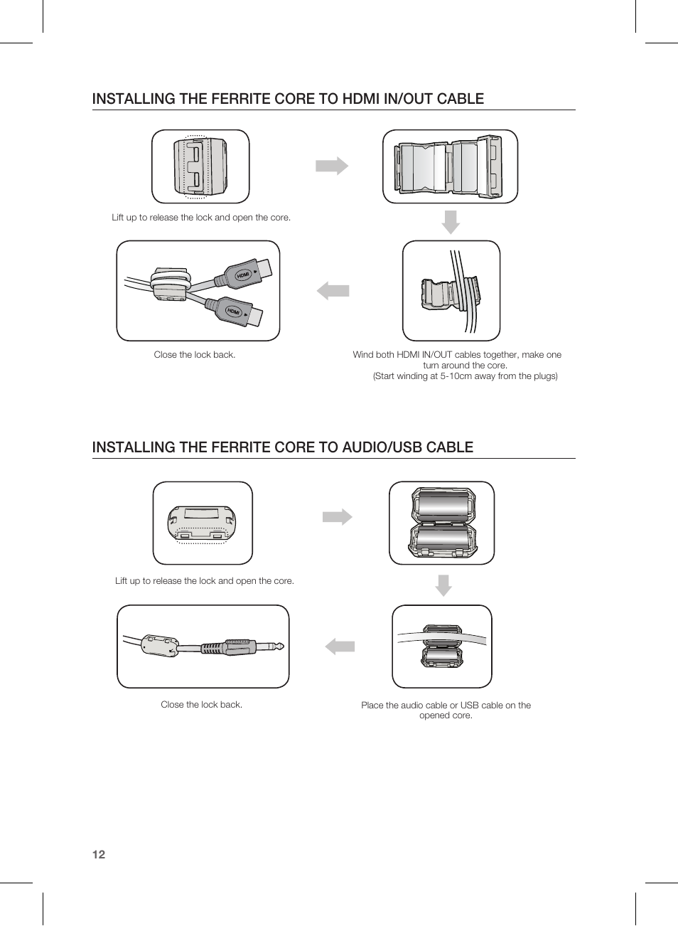 Installing the ferrite core to hdmi in/out cable, Installing the ferrite core to audio/usb cable | Samsung HW-E450C-ZA User Manual | Page 12 / 26