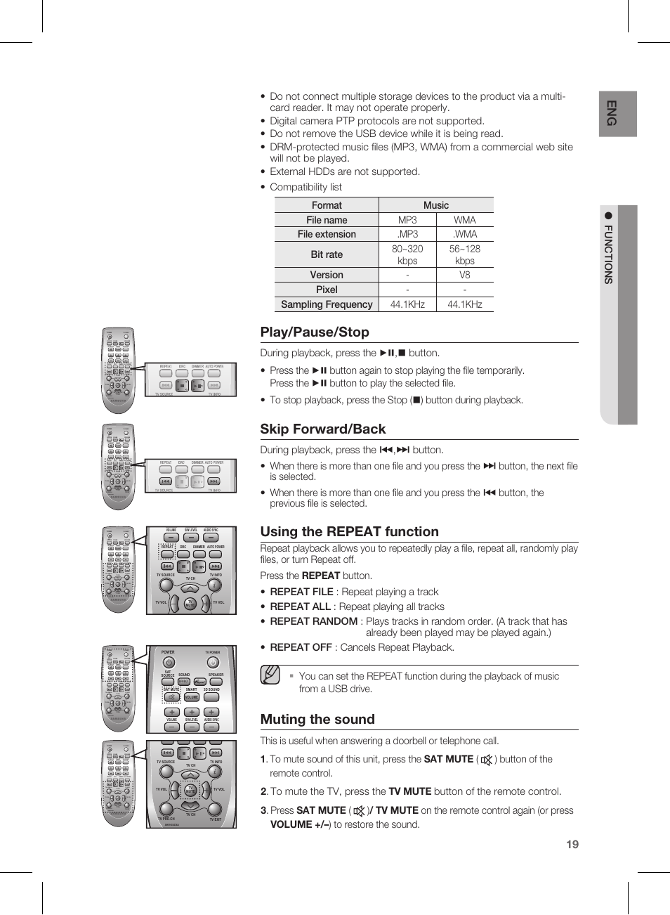 Muting the sound, Play/pause/stop, Skip forward/back | Using the repeat function, F un ctio n s, Effect | Samsung HW-E450C-ZA User Manual | Page 19 / 26