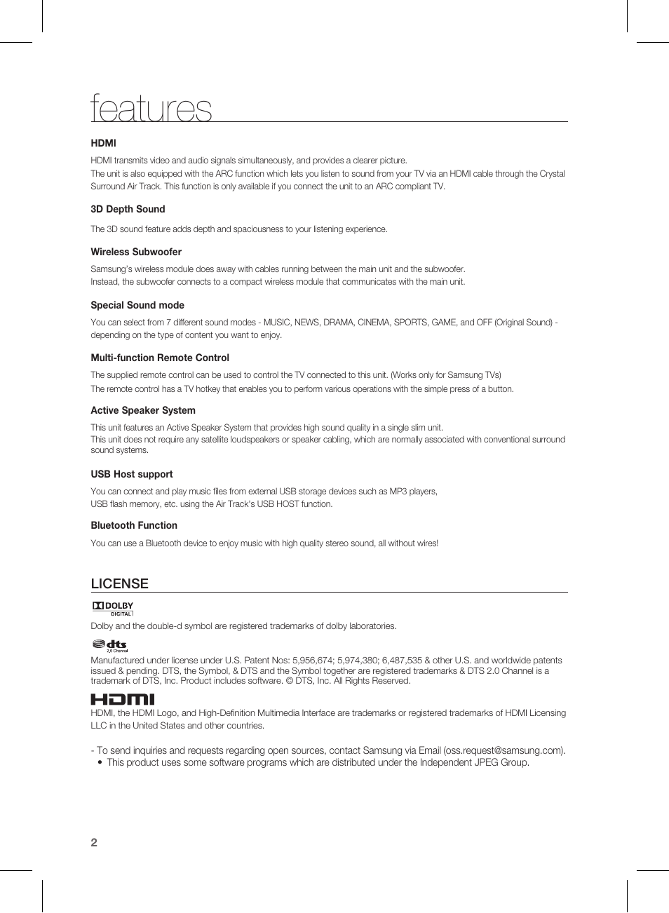 Features, License | Samsung HW-E450C-ZA User Manual | Page 2 / 26