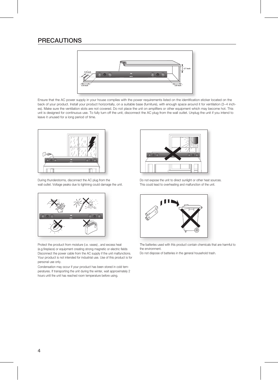 Precautions | Samsung HW-E450C-ZA User Manual | Page 4 / 26
