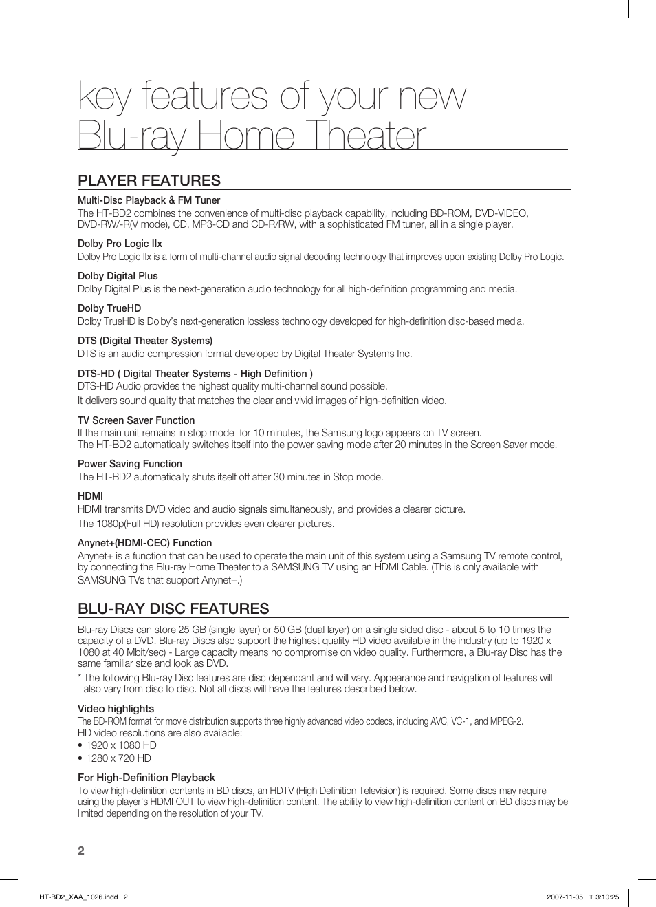 Key features of your newblu-ray home theater, Key features of your new blu-ray home theater, Player features | Blu-ray disc features | Samsung HT-BD2T-XAA User Manual | Page 3 / 72