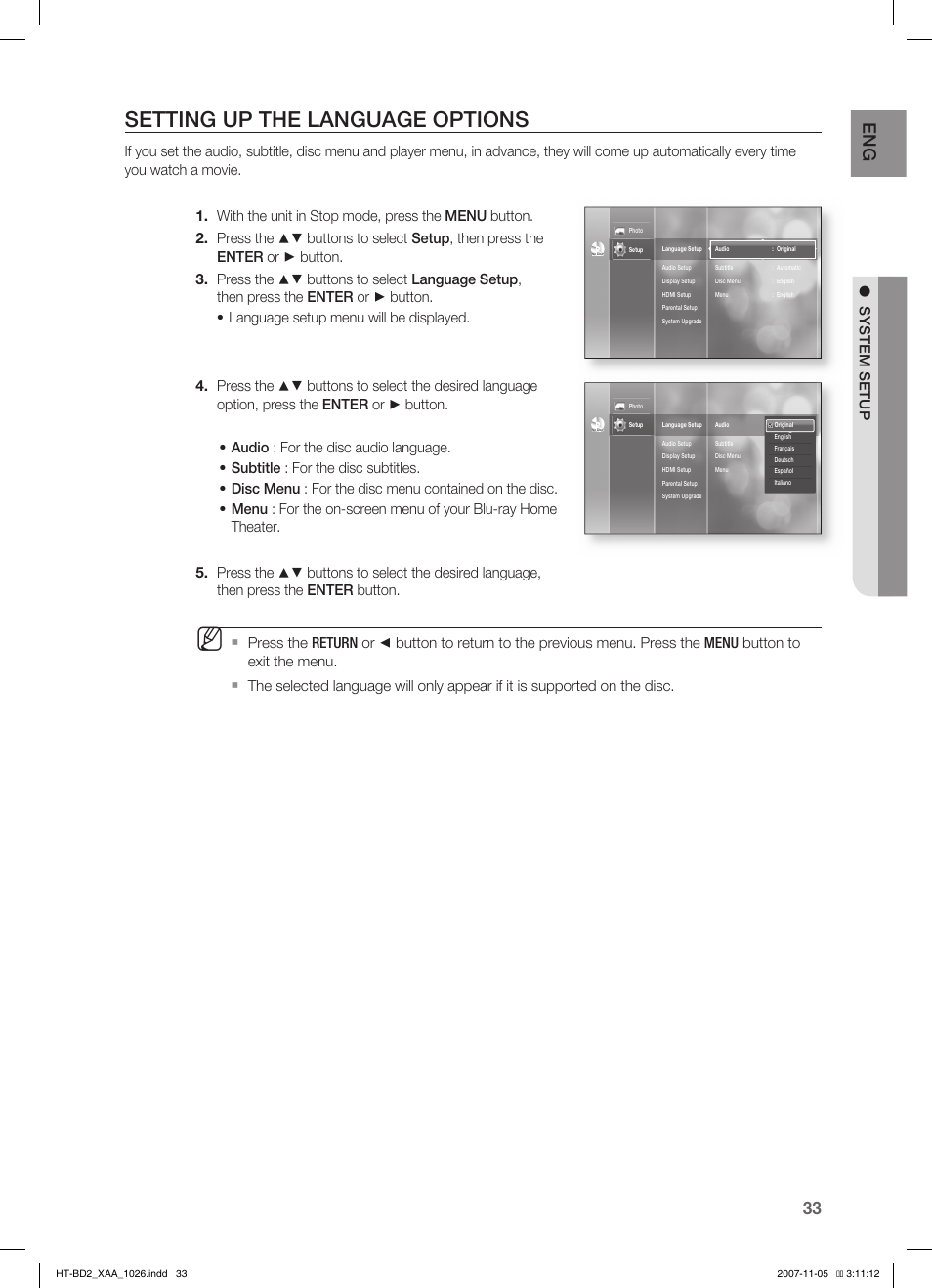 Setting up the language options, System setup | Samsung HT-BD2T-XAA User Manual | Page 34 / 72